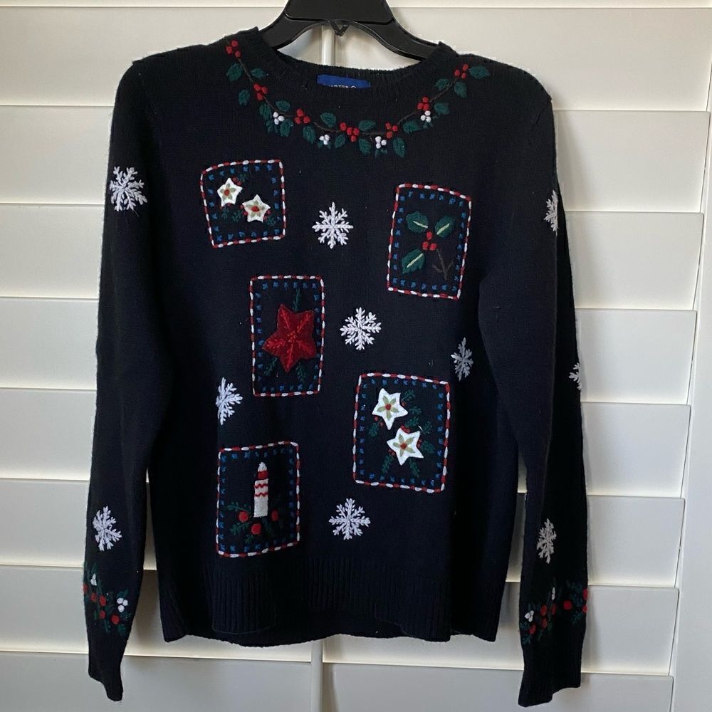 🎄CHARTER CLUB Black Embroidered Decoration Holiday/Christmas Sweater Sz M EUC!